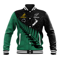 Australia Wallabies and Aotearoa Rugby Baseball Jacket Kangaroo Black Fern Maori Green Vibe LT9 Unisex Green - Polynesian Pride