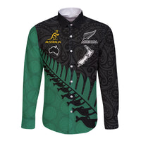 Australia Wallabies and Aotearoa Rugby Long Sleeve Button Shirt Kangaroo Black Fern Maori Green Vibe LT9 Unisex Green - Polynesian Pride