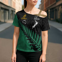 Australia New Zealand Rugby Cross Shoulder Shirt Green Aboriginal Wallabies and Maori Black Fern - Polynesian Pride