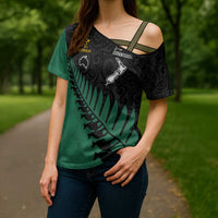 Australia New Zealand Rugby Cross Shoulder Shirt Green Aboriginal Wallabies and Maori Black Fern - Polynesian Pride