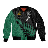 Custom Australia Wallabies and Aotearoa Rugby Sleeve Zip Bomber Jacket Kangaroo Black Fern Maori Green Vibe LT9 Unisex Green - Polynesian Pride