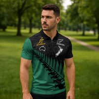 Australia New Zealand Rugby Zipper Polo Shirt Green Aboriginal Wallabies and Maori Black Fern - Polynesian Pride
