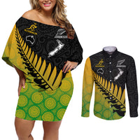Custom Australia Wallabies and Aotearoa Rugby Couples Matching Off Shoulder Short Dress and Long Sleeve Button Shirts Kangaroo Black Fern Maori Gradient Vibe LT9 Gradient - Polynesian Pride
