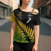 Australia New Zealand Rugby Cross Shoulder Shirt Gradient Aboriginal Wallabies and Maori Black Fern - Polynesian Pride