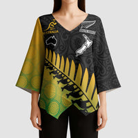 Australia New Zealand Rugby Kimono Sleeve Blouse Gradient Aboriginal Wallabies and Maori Black Fern - Polynesian Pride