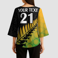 Australia New Zealand Rugby Kimono Sleeve Blouse Gradient Aboriginal Wallabies and Maori Black Fern - Polynesian Pride