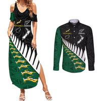 South Africa and Aotearoa Rugby Couples Matching Summer Maxi Dress and Long Sleeve Button Shirts Springboks Black Fern Maori Vibe LT9 Black - Polynesian Pride