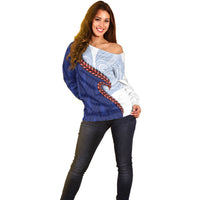 Ula Fala Red Samoa Chief Off Shoulder Sweater Samoan Art Black Tribal