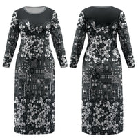 Black Hawaiian Tapa Tribal Hibiscus Couples Matching Long Sleeve Bodycon Dress and Hawaiian Shirt