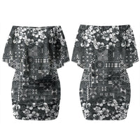 Black Hawaiian Tapa Tribal Hibiscus Couples Matching Off Shoulder Short Dress and Long Sleeve Button Shirt