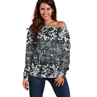 Black Hawaiian Tapa Tribal Hibiscus Off Shoulder Sweater