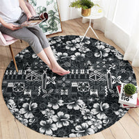 Black Hawaiian Tapa Tribal Hibiscus Round Carpet