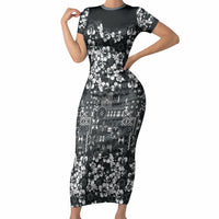 Black Hawaiian Tapa Tribal Hibiscus Short Sleeve Bodycon Dress