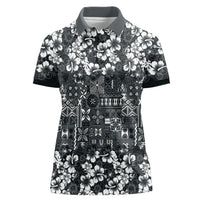 Black Hawaiian Tapa Tribal Hibiscus Women Polo Shirt