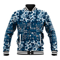 Blue Hawaiian Tapa Tribal Hibiscus Baseball Jacket