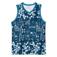 Blue Hawaiian Tapa Tribal Hibiscus Basketball Jersey