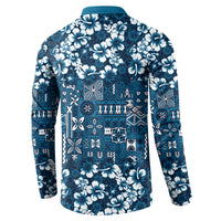 Blue Hawaiian Tapa Tribal Hibiscus Button Sweatshirt