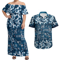 Blue Hawaiian Tapa Tribal Hibiscus Couples Matching Off Shoulder Maxi Dress and Hawaiian Shirt