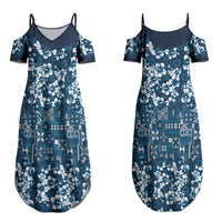 Blue Hawaiian Tapa Tribal Hibiscus Couples Matching Summer Maxi Dress and Long Sleeve Button Shirt