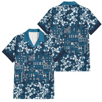 Blue Hawaiian Tapa Tribal Hibiscus Family Matching Off The Shoulder Long Sleeve Dress and Hawaiian Shirt