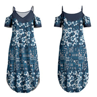 Blue Hawaiian Tapa Tribal Hibiscus Family Matching Summer Maxi Dress and Hawaiian Shirt