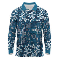 Blue Hawaiian Tapa Tribal Hibiscus Long Sleeve Polo Shirt