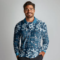 Blue Hawaiian Tapa Tribal Hibiscus Long Sleeve Polo Shirt