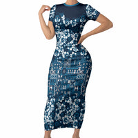 Blue Hawaiian Tapa Tribal Hibiscus Short Sleeve Bodycon Dress