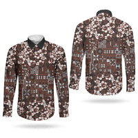Burgundy Hawaiian Tapa Tribal Hibiscus Couples Matching Mermaid Dress and Long Sleeve Button Shirt