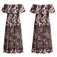 Burgundy Hawaiian Tapa Tribal Hibiscus Couples Matching Off Shoulder Maxi Dress and Long Sleeve Button Shirt