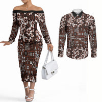 Burgundy Hawaiian Tapa Tribal Hibiscus Couples Matching Off The Shoulder Long Sleeve Dress and Long Sleeve Button Shirt
