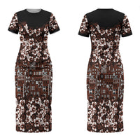 Burgundy Hawaiian Tapa Tribal Hibiscus Couples Matching Short Sleeve Bodycon Dress and Hawaiian Shirt