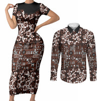 Burgundy Hawaiian Tapa Tribal Hibiscus Couples Matching Short Sleeve Bodycon Dress and Long Sleeve Button Shirt