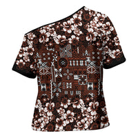 Burgundy Hawaiian Tapa Tribal Hibiscus Cross Shoulder Shirt