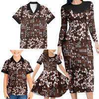 Burgundy Hawaiian Tapa Tribal Hibiscus Family Matching Long Sleeve Bodycon Dress and Hawaiian Shirt