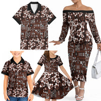 Burgundy Hawaiian Tapa Tribal Hibiscus Family Matching Off The Shoulder Long Sleeve Dress and Hawaiian Shirt