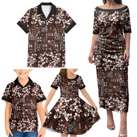 Burgundy Hawaiian Tapa Tribal Hibiscus Family Matching Puletasi and Hawaiian Shirt
