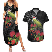 Meri Kirihimete Kakapo Couples Matching Summer Maxi Dress and Hawaiian Shirt Black Silver Fern Christmas Vibe