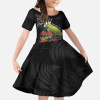 Meri Kirihimete Kakapo Family Matching Off Shoulder Maxi Dress and Hawaiian Shirt Black Silver Fern Christmas Vibe LT9 Daughter's Dress Black - Polynesian Pride