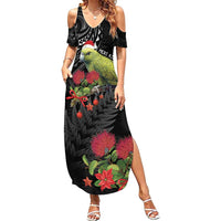 Meri Kirihimete Kakapo Summer Maxi Dress Black Silver Fern Christmas Vibe LT9 Women Black - Polynesian Pride