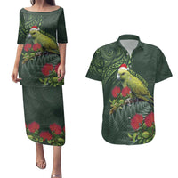 Meri Kirihimete Kakapo Couples Matching Puletasi and Hawaiian Shirt Green Silver Fern Christmas Vibe