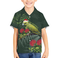 Meri Kirihimete Kakapo Family Matching Off Shoulder Short Dress and Hawaiian Shirt Green Silver Fern Christmas Vibe LT9 Son's Shirt Green - Polynesian Pride