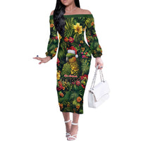 Meri Kirihimete Kakapo Off The Shoulder Long Sleeve Dress New Zealand Christmas with Tropical Vibe