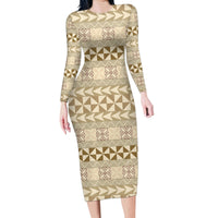 Pasifika Sataoa Pattern Simple Motif Family Matching Long Sleeve Bodycon Dress and Hawaiian Shirt Beige Tan LT9 Mom's Dress Beige Tan - Polynesian Pride