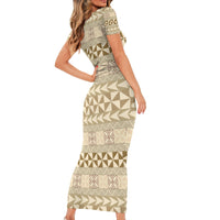 Pasifika Sataoa Pattern Simple Motif Family Matching Short Sleeve Bodycon Dress and Hawaiian Shirt Beige Tan LT9 - Polynesian Pride