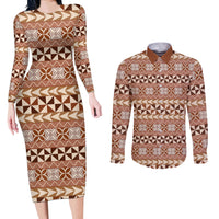 Pasifika Sataoa Pattern Simple Motif Couples Matching Long Sleeve Bodycon Dress and Long Sleeve Button Shirt Brown Beige Tan LT9 Brown - Polynesian Pride