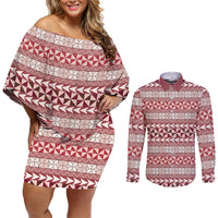 Pasifika Sataoa Pattern Simple Motif Couples Matching Off Shoulder Short Dress and Long Sleeve Button Shirt Cherry LT9 Cherry - Polynesian Pride