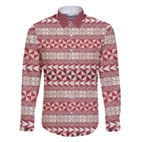 Pasifika Sataoa Pattern Simple Motif Family Matching Off Shoulder Long Sleeve Dress and Hawaiian Shirt Cherry LT9 Dad's Shirt - Long Sleeve Cherry - Polynesian Pride