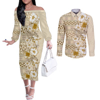 Pasifika Sataoa Pattern Plumeria Vintage Couples Matching Off The Shoulder Long Sleeve Dress and Long Sleeve Button Shirt Beige Tan LT9 Beige Tan - Polynesian Pride