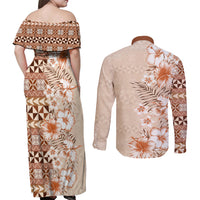 Pasifika Sataoa Pattern Plumeria Vintage Couples Matching Off Shoulder Maxi Dress and Long Sleeve Button Shirt Brown Beige Tan LT9 - Polynesian Pride